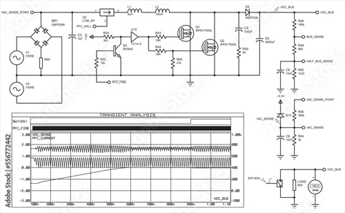 Vector diagram of an electrical schematic
of an electronic device. Graph of analog and digital signals. Drawing circuit with resistor, capacitor, inductor, diode bridge,  other electronic components.