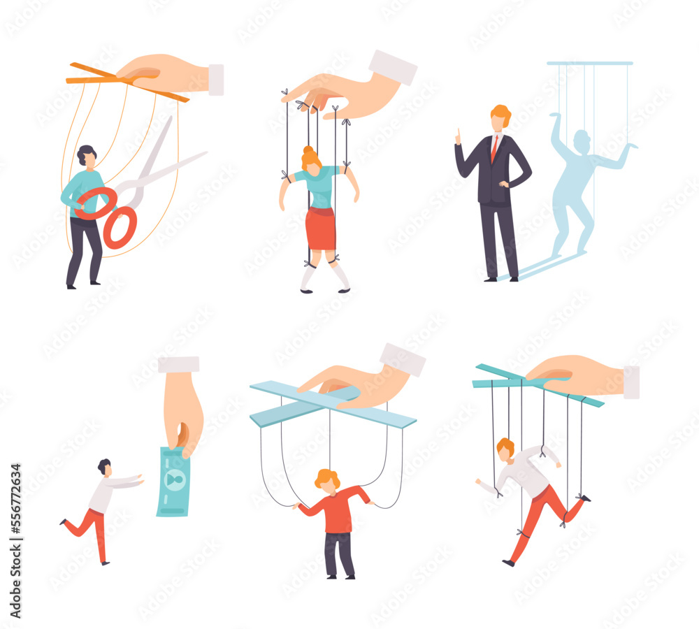 Male and female persons manipulating people set. Puppet people controlled by others. Manipulation of People flat vector illustration