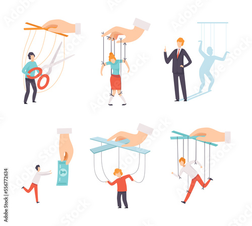 Male and female persons manipulating people set. Puppet people controlled by others. Manipulation of People flat vector illustration