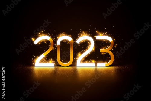the numbers 2023 with glitter and golden bokeh