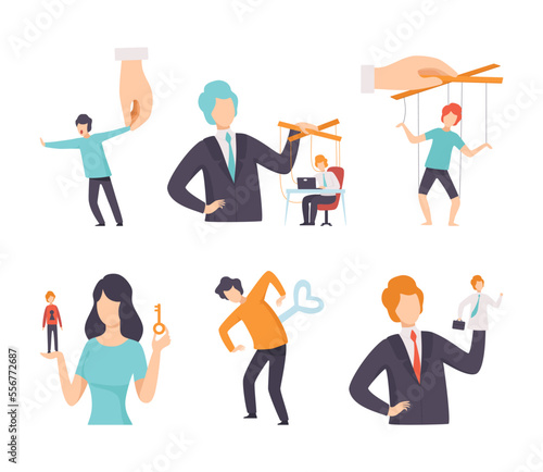 Male and female characters manipulating people set. Puppet people hanging on ropes. Manipulation of People flat vector illustration