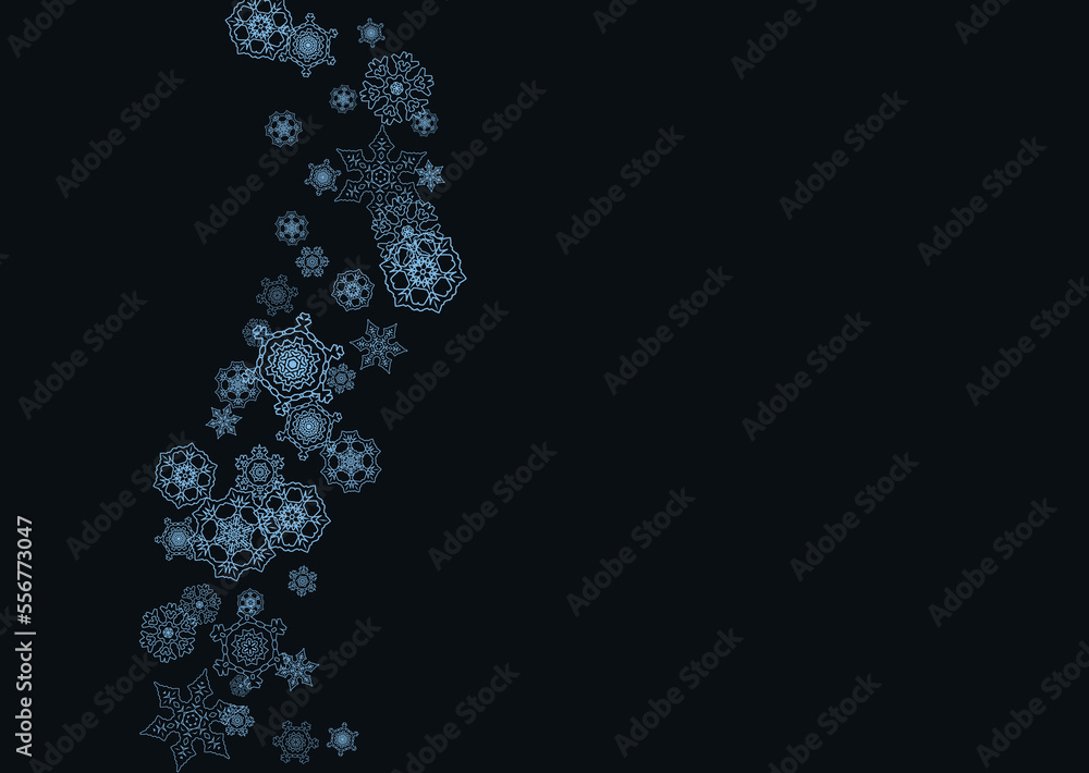 Snowflake border for Christmas and New Year celebration. Holiday snowflake border on black background  with sparkles. For banners, gift coupons, vouchers, ads, party events. Horizontal frosty snow.