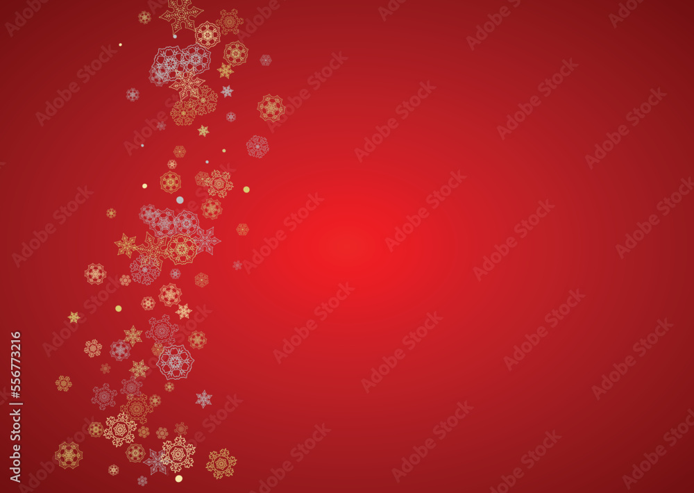 Christmas snow on red background. Glitter frame for winter banners, gift coupon, voucher, ads, party event. Santa Claus colors with golden Christmas snow. Horizontal falling snowflakes for holiday. Christmas snow on red background. Glitter frame for winter banners, gift coupon, voucher, ads, party event. Santa Claus colors with golden Christmas snow. Horizontal falling snowflakes for holiday.