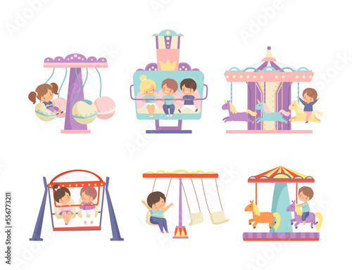 Cute kids riding carousels in amusement park set. Little girls and boys having fun on playground cartoon vector illustration
