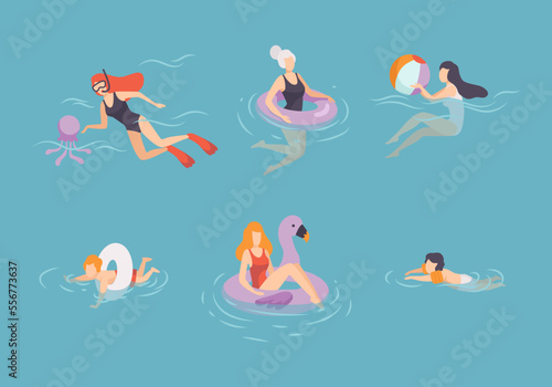 People swimming in water set. Men, women and kids swimming and floating in pool, sea at summer vacation flat vector