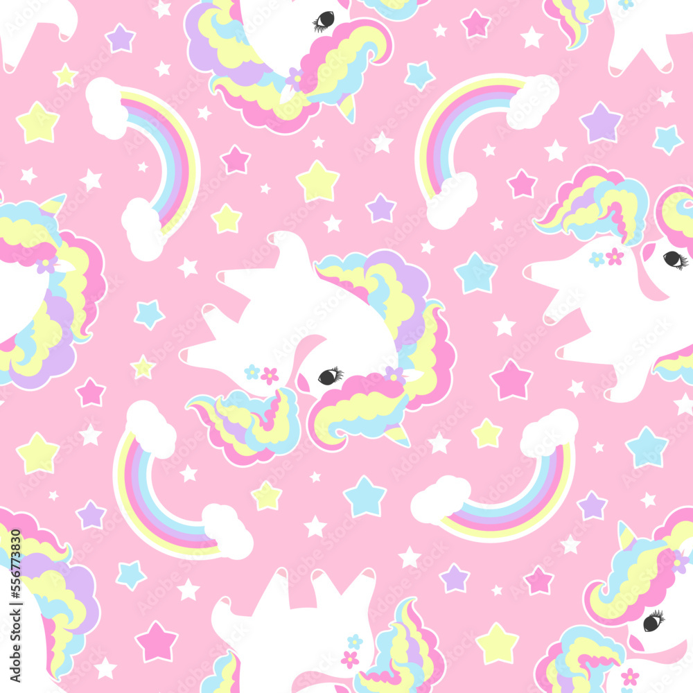 Seamless pattern with unicorns and rainbows on a pink background. For baby fabric design, wrapping paper, wallpapers, backgrounds and so on. Vector