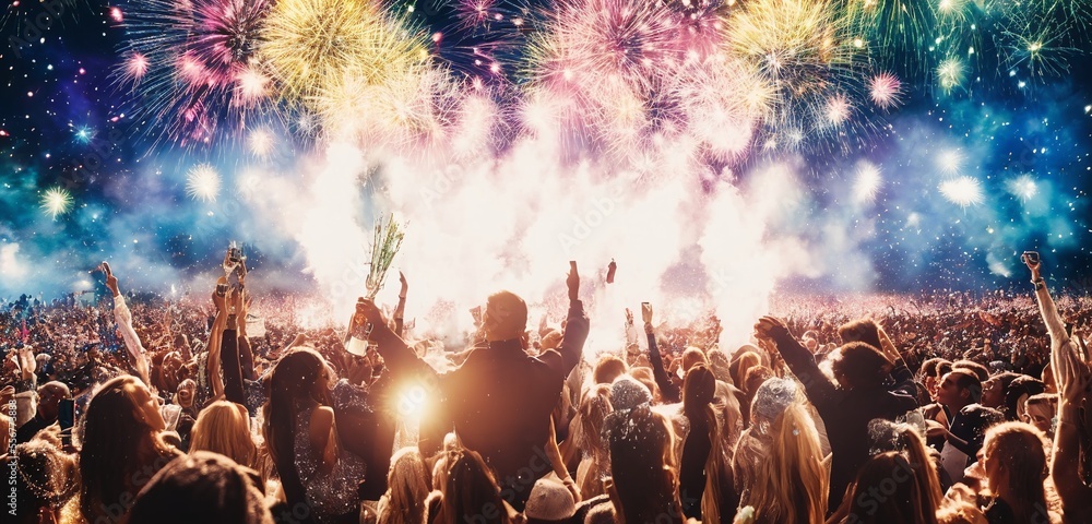  group of people celebrating new year standing next to each other under a fireworks display in the sky with their arms in the air looking  at stage, generative AI
