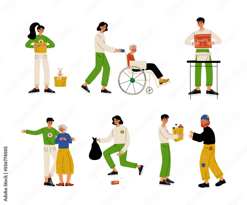 Volunteers set. People supporting, helping elderly people and homeless