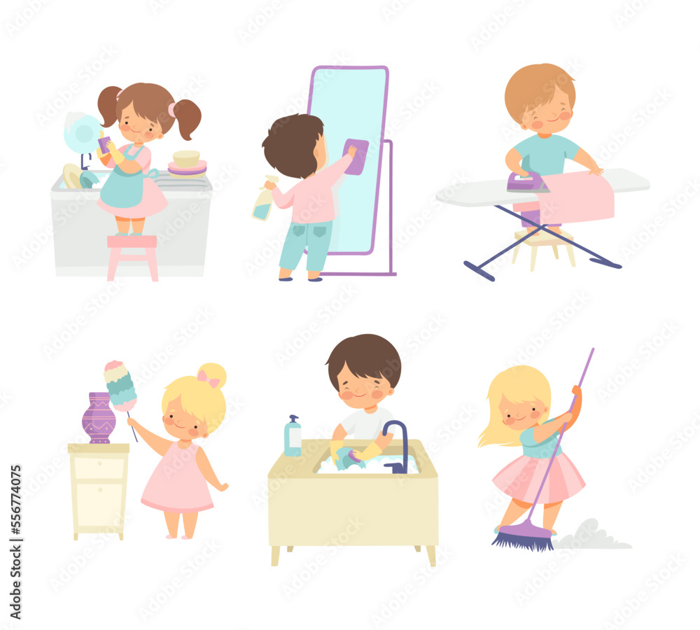 Cute kids doing housework chores set. Little boys and girls sweeping and mopping floor, washing dishes cartoon vector illustration isolated on white. Cute kids doing housework chores set. Little boys and girls sweeping and mopping floor, washing dishes cartoon vector illustration isolated on white.