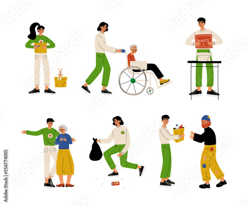 Volunteers set. People supporting, helping elderly people and homeless, cleaning up trash cartoon vector illustration