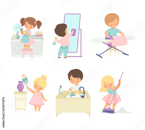 Cute kids doing housework chores set. Little boys and girls sweeping and mopping floor, washing dishes cartoon vector illustration isolated on white.