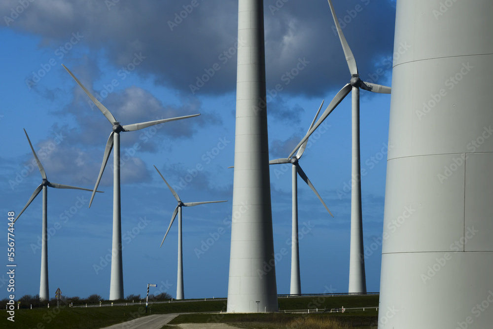 Cluster of large wind turbines at Krammer lake, Philipsdam, near Bruinisse; Zeeland, Netherlands Cluster of large wind turbines at Krammer lake, Philipsdam, near Bruinisse; Zeeland, Netherlands