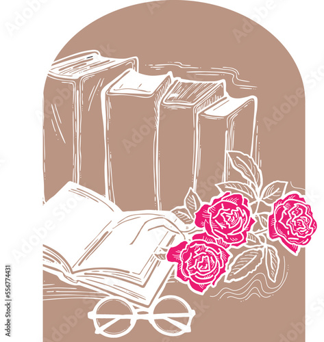 Romantic decorative vector composition with books, flowers and glasses for poster print, book store logo, teachers day postcard. Back to school vintage style theme. Hand drawn illustration.