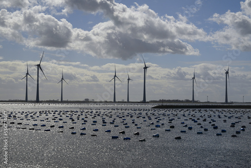 Skyline with wind turbines and sea arm with mussels on the shore for mussel culture, near Bruinisse, Netherlands; Zeeland, Netherlands photo