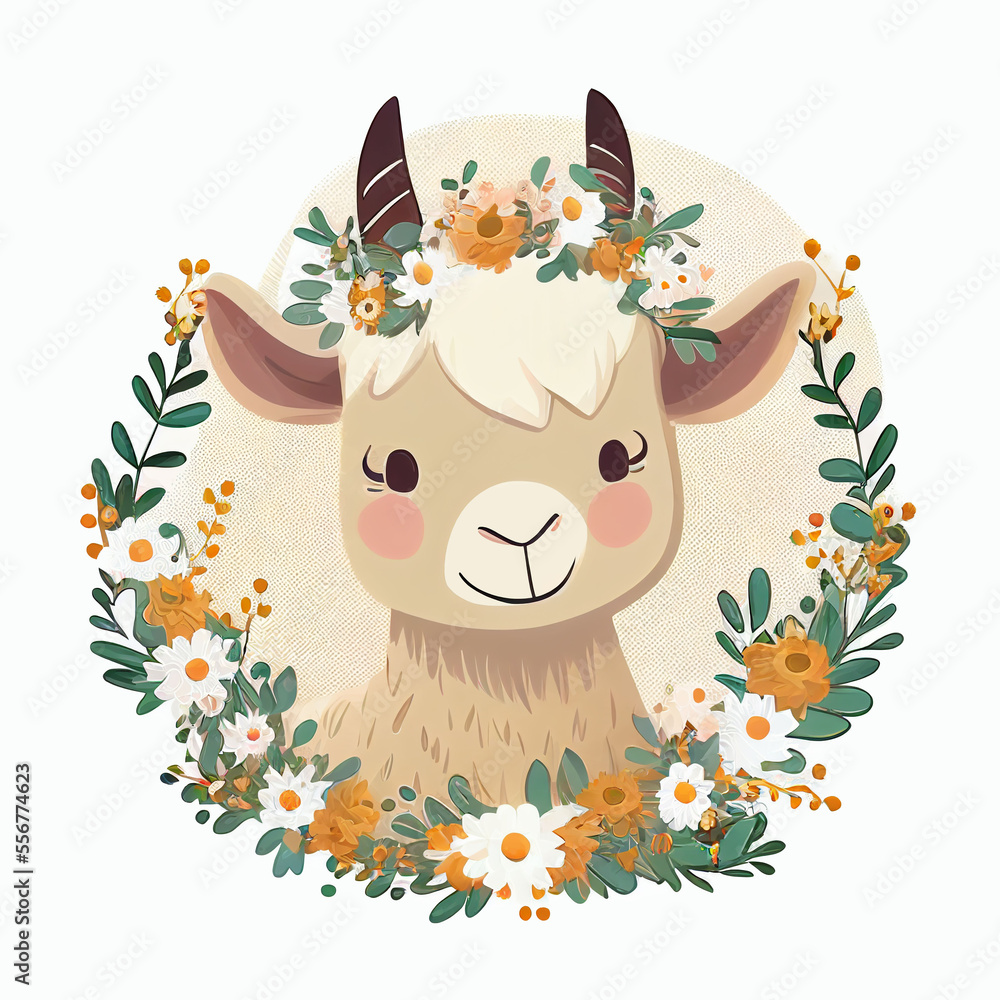 Naklejka premium Cute funny Goat with flower rustic style. farm domestic Vintage illustration