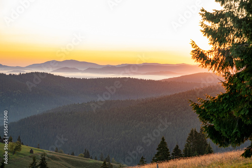 Silhouette of mountains with dawn over the Carpathians, Tasuleasa Social, Transylvania, Romania, photo