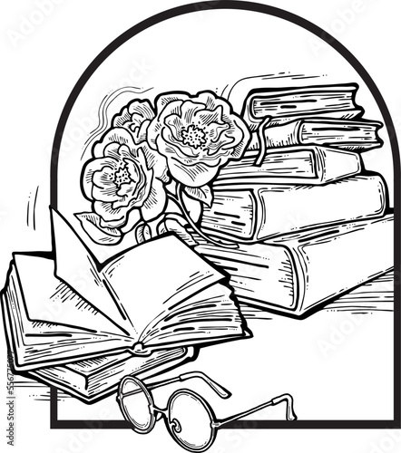 Romantic decorative vector composition with books, flowers and glasses for poster print, book store logo, teachers day postcard. Back to school vintage style theme. Hand drawn illustration.
