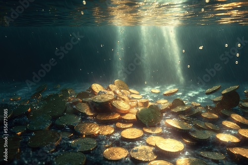 Illustration of gold coins falling to deep sea floor with sunlight ray shine through water surface