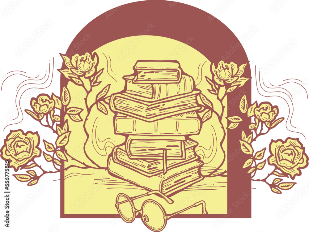 Romantic decorative vector composition with books, flowers and glasses for poster print, book store logo, teachers day postcard. Back to school vintage style theme. Hand drawn illustration. Romantic decorative vector composition with books, flowers and glasses for poster print, book store logo, teachers day postcard. Back to school vintage style theme. Hand drawn illustration.