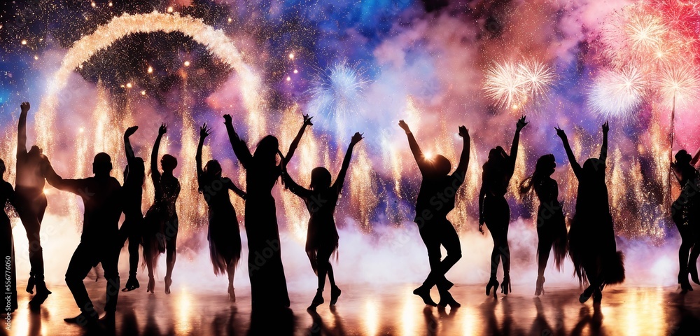 group of people celebrating new year dancing next to each other under a fireworkswith fire  pit and firework effect in the air, generative AI