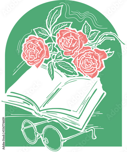 Romantic decorative vector composition with books, flowers and glasses for poster print, book store logo, teachers day postcard. Back to school vintage style theme. Hand drawn illustration.