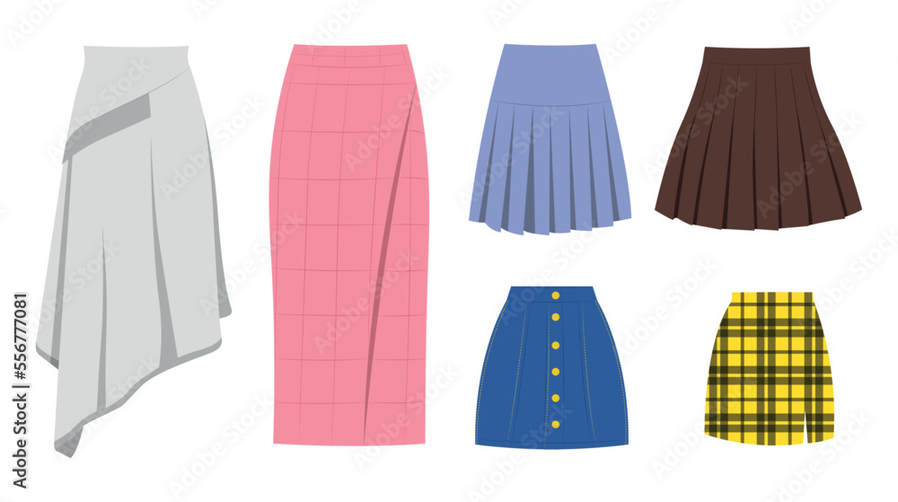 Set of different skirts for women in a flat style. Vector illustration of colorful long and mini skirts isolated on white background. - obrazy, fototapety, plakaty 