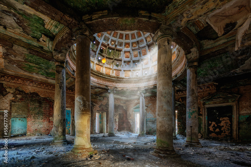 Photography Interior of old ruined palace with columns and dome