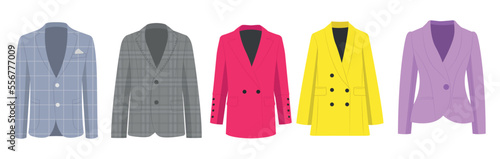 Set of different mens and womens jackets in a cartoon style. Vector illustration of checkered jackets and women's bright blazers, jacket isolated on white background.