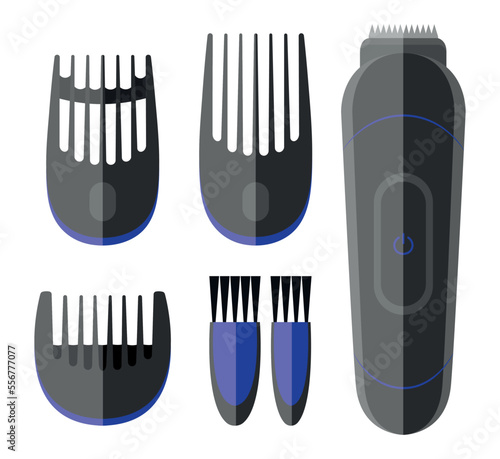 Set of electric hair clippers in a flat style. Vector illustration of hairdressing equipment, hair clipper and interchangeable nozzles isolated on white background.