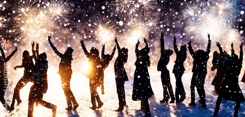 silhouette group of people celebrating new year standing next to each other under a fireworks display in the sky with their arms in the snowing air some holds glas of sparkling wine, generative AI