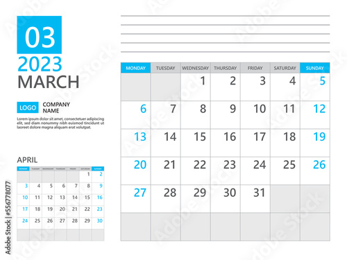 March 2023 template, Calendar planner 2023, week start on Monday, Desk calendar 2023 year, simple planner and clean design, Wall calendar design, Corporate planner template, Business template