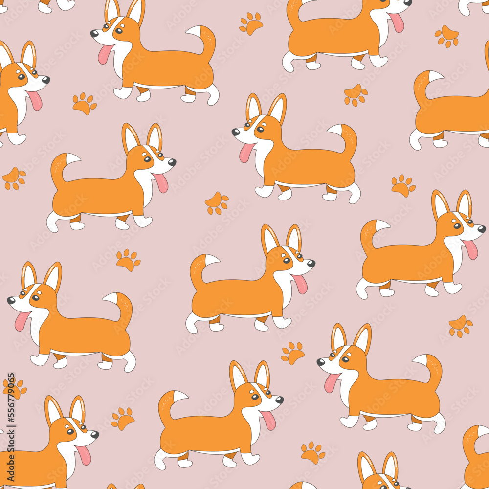 Corgi seamless pattern. Cartoon home pet, cute puppies for print, posters and postcard. Vector welsh corgi animal background. Funny little doggy pattern Corgi seamless pattern. Cartoon home pet, cute puppies for print, posters and postcard. Vector welsh corgi animal background. Funny little doggy pattern