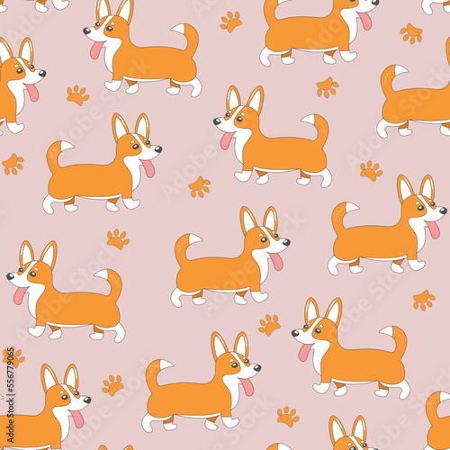 Corgi seamless pattern. Cartoon home pet, cute puppies for print, posters and postcard. Vector welsh corgi animal background. Funny little doggy pattern