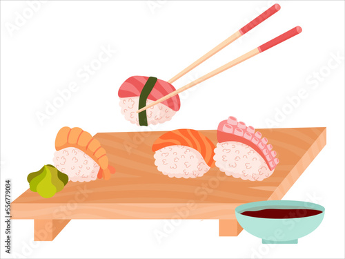 Sushi. Cartoon isolated plate with chopsticks and rolls with rice, salmon for food with soy sauce, wasabi and ginger at sushi bar or Japanese. Restaurant of Asian cuisine. Vector weekend isolated