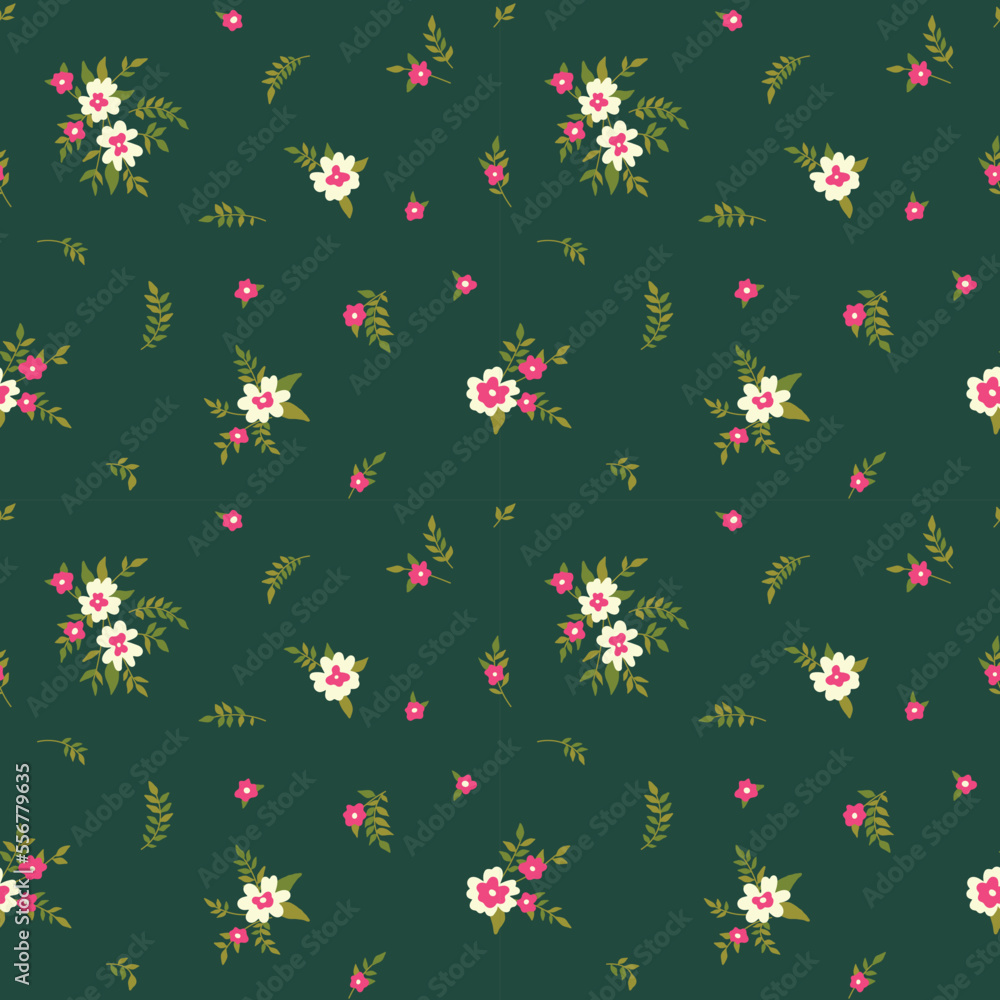 Seamless floral pattern, cute flower print with tiny hand drawn flowers in liberty arrangement. Pretty ditsy fabric, paper design: small flowers, leaves on a dark green background. Vector illustration Seamless floral pattern, cute flower print with tiny hand drawn flowers in liberty arrangement. Pretty ditsy fabric, paper design: small flowers, leaves on a dark green background. Vector illustration