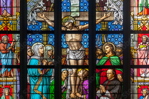Stained glass window depicting the Crucifixion, St. John’s Cathedral, Den Bosch; ’s-Hertogenbosch, North Brabant, Netherlands