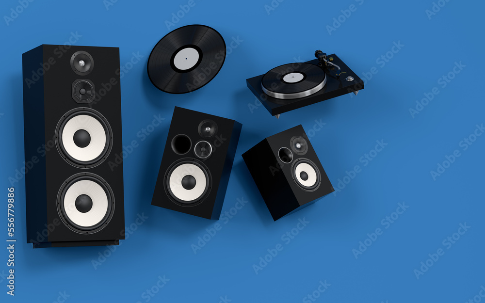 Set of Hi-fi speakers and DJ turntable for sound recording studio on blue. Set of Hi-fi speakers and DJ turntable for sound recording studio on blue.