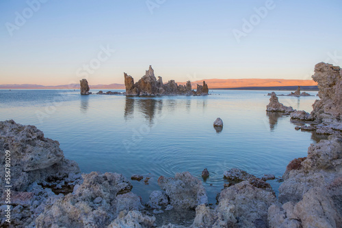 Calcium-carbonate spires and knobs formed by interaction of freshwater springs and alkaline water in Mono Lake.