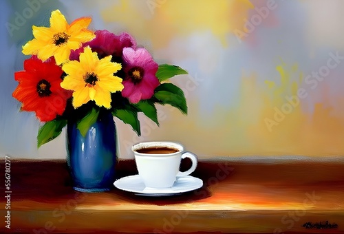 Wallpaper Mural Coffee and Vase Full Of Flowers Impressionist Painting Soft Brush Strokes Copy Space Generative AI Torontodigital.ca