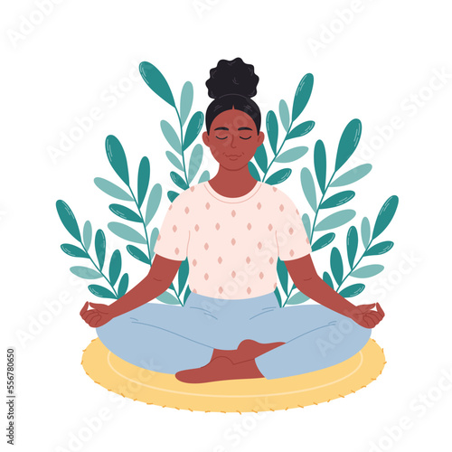 Black woman sitting in lotus pose and meditating on mat. Mental health care, relaxation, recreation, yoga practicing. Hand drawn vector illustration