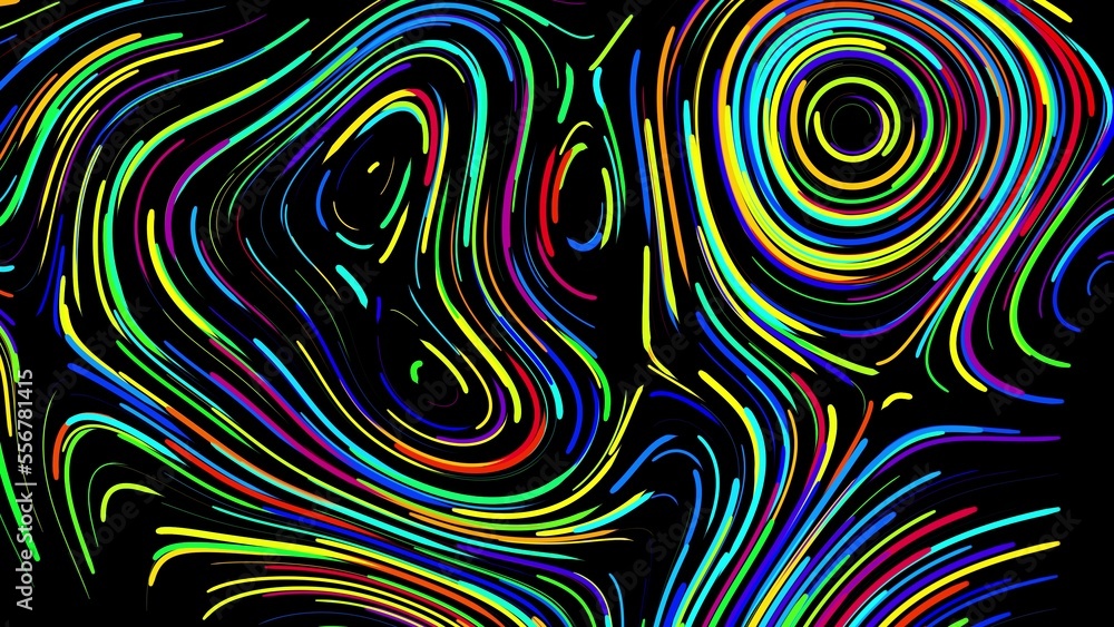 Abstract creative bg with curled lines like trails of different colors. Lines form swirling pattern like curle noise. Abstract 3d bright creative festive background. 3d render