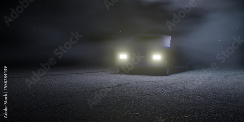 3d render of car with headlights on in a spooky, foggy paved environment. © Mark Castiglia