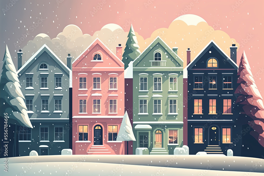 Christmas houses composition, street view, pastel colors . Flat style illustration Christmas houses composition, street view, pastel colors . Flat style illustration