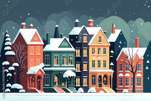 Christmas houses composition, street view, winter season. Flat style illustration