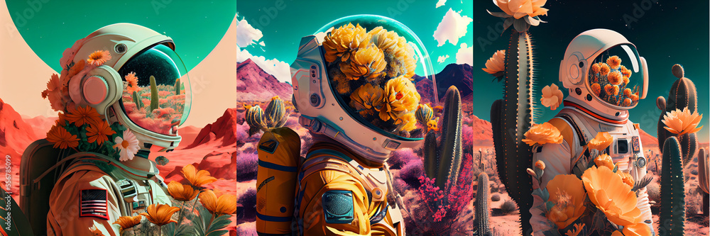Surreal illustration of spaceman with flowers - obrazy, fototapety, plakaty 
