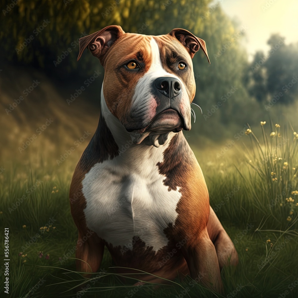 American Staffordshire Terrier dog portrait, brown with white. Generative ai.