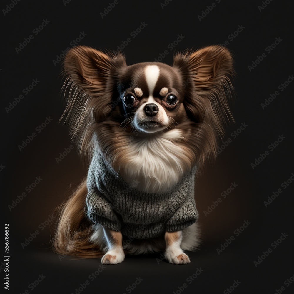 Long haired chihuahua chocolate brown and white, wearing a coat. Generative AI.
