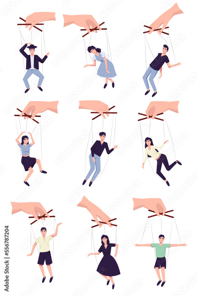 Set of people hang on ropes. Puppeteer and puppets. Characters being controlled by master, domination or authority Linear flat vector illustration