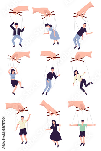 Set of people hang on ropes. Puppeteer and puppets. Characters being controlled by master, domination or authority Linear flat vector illustration © SERHII