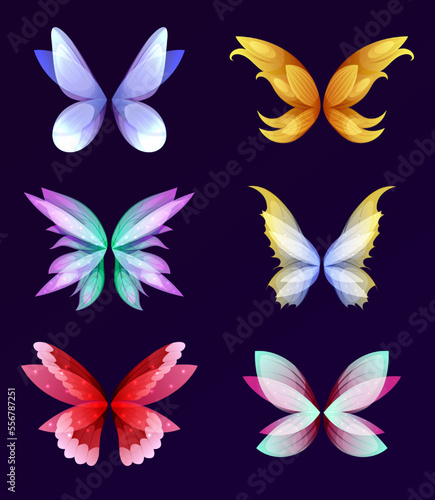 Fabulous creatures wings set. Different wings of fairy set. Vector cartoon set of wings pairs of magic and fantasy characters and animals isolated on white background